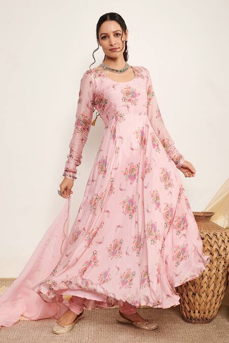 Shop_Itraake_Pink Anarkali Cotton Silk Printed Floral Round Flowy Set _Online_at_Aza_Fashions
