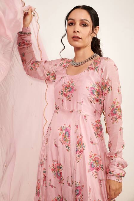 Itraake_Pink Anarkali Cotton Silk Printed Floral Round Flowy Set _at_Aza_Fashions