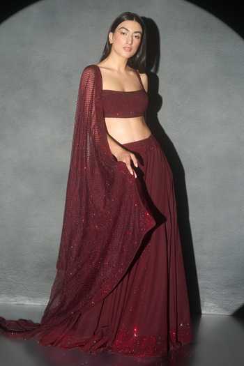Itrh_Wine Italian Crepe Embellished Crystals Square Neck Julia Lehenga Set_Online_at_Aza_Fashions