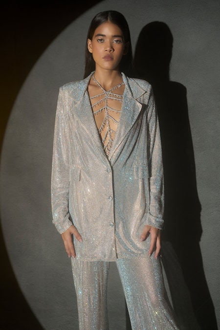 Shop_Itrh_Silver Net Lining Jersey Crystal Lapel Collar Paris Jacket And Bailey Pant Set _Online_at_Aza_Fashions