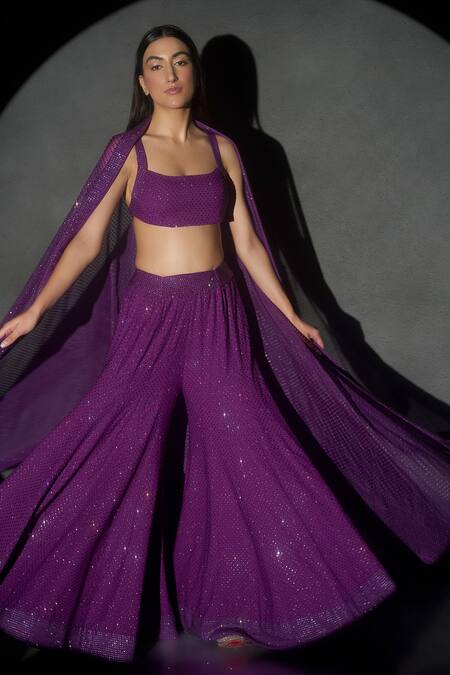 Buy_Itrh_Purple Italian Crepe And Silk Organza Lining Emma Bralette & Kalidar Sharara Set_Online_at_Aza_Fashions