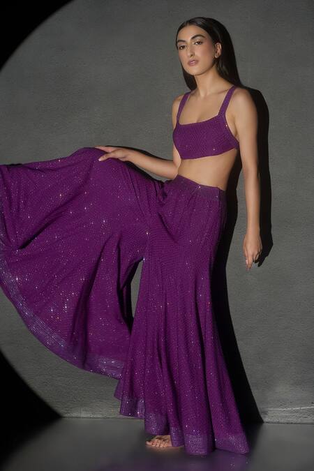 Shop_Itrh_Purple Italian Crepe And Silk Organza Lining Emma Bralette & Kalidar Sharara Set_Online_at_Aza_Fashions