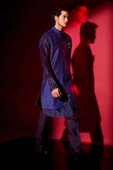 Bubber Couture_Blue Embroidery Ivan Griffin Print Sherwani Jacket _Online_at_Aza_Fashions