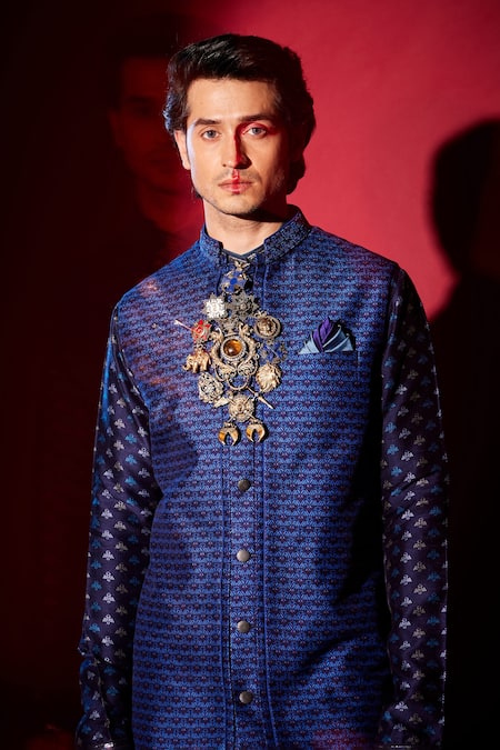 Buy_Bubber Couture_Blue Embroidery Ivan Griffin Print Sherwani Jacket _Online_at_Aza_Fashions