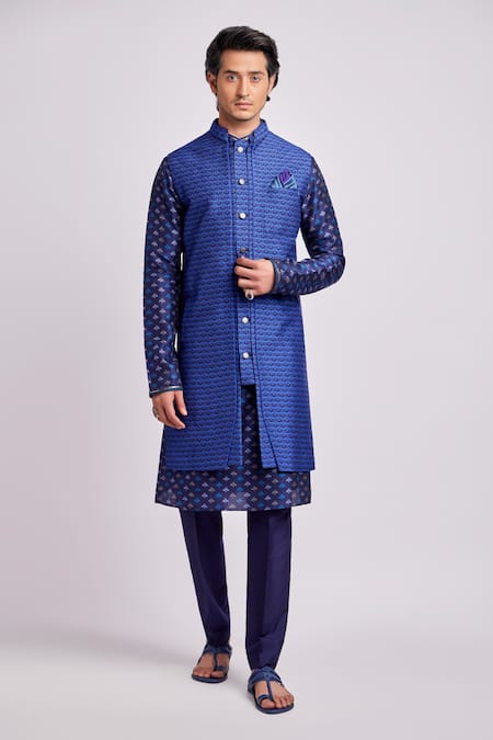 Bubber Couture_Blue Embroidery Ivan Griffin Print Sherwani Jacket _at_Aza_Fashions
