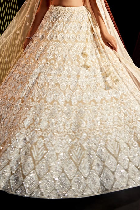 Roqa_Ivory Net Sequins, Cut Work Asymmetric Embroidered Bridal Lehenga Set _Online_at_Aza_Fashions
