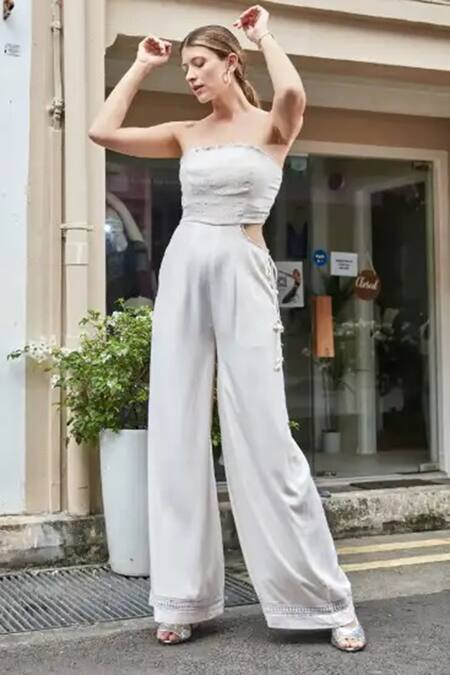 Style Junkiie_Ivory Modal Square Neck Cut-out Jumpsuit _Online_at_Aza_Fashions