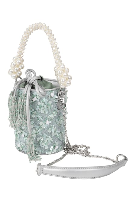 Buy_The Leather Garden_Green Sequin Embellished Ivy Leather Potli Bag _Online_at_Aza_Fashions