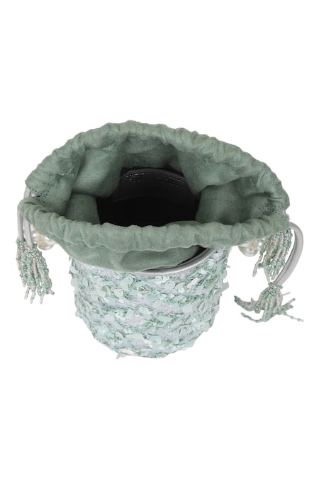 Shop_The Leather Garden_Green Sequin Embellished Ivy Leather Potli Bag _Online_at_Aza_Fashions