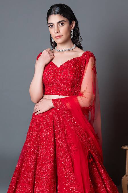 Kalighata_Red Net Sequins, Cut Work Sweetheart Neck Embellished Bridal Lehenga Set_Online_at_Aza_Fashions