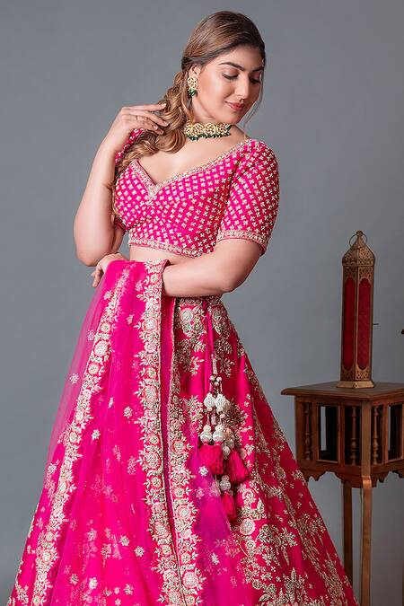 Kalighata_Pink Silk Sequins, Cut Work Boat Neck Raw Floral Embellished Bridal Lehenga Set _Online_at_Aza_Fashions