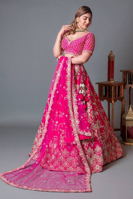 Buy_Kalighata_Pink Silk Sequins, Cut Work Boat Neck Raw Floral Embellished Bridal Lehenga Set _Online_at_Aza_Fashions