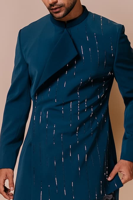 Tisa - Men_Blue Viscose Polyester Embroidered Cut Dana Work Bandhgala Set_Online_at_Aza_Fashions