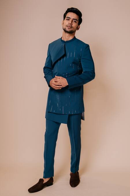 Buy_Tisa - Men_Blue Viscose Polyester Embroidered Cut Dana Work Bandhgala Set_Online_at_Aza_Fashions