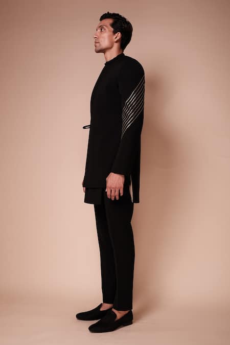 Tisa - Men_Black Viscose Polyester Embroidered Sequin Work Asymmetric Tie-up Bandhgala Set_Online_at_Aza_Fashions