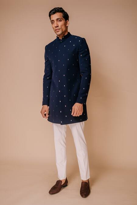 Tisa - Men Blue Viscose Polyester Embroidered Cut Dana Work Stack Pattern Bandhgala Set Online at Aza Fashions Tisa - Men_Blue Viscose Polyester Embroidered Cut Dana Work Stack Pattern Bandhgala Set_Online_at_Aza_Fashions