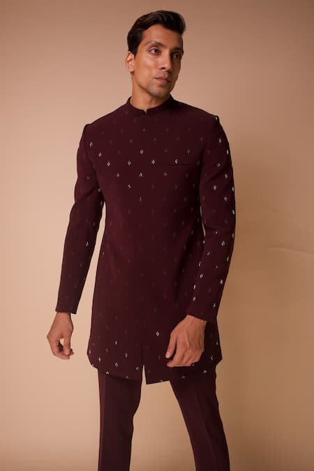 Tisa - Men_Wine Viscose Polyester Embroidered Cut Dana Work Bandhgala Set_Online_at_Aza_Fashions