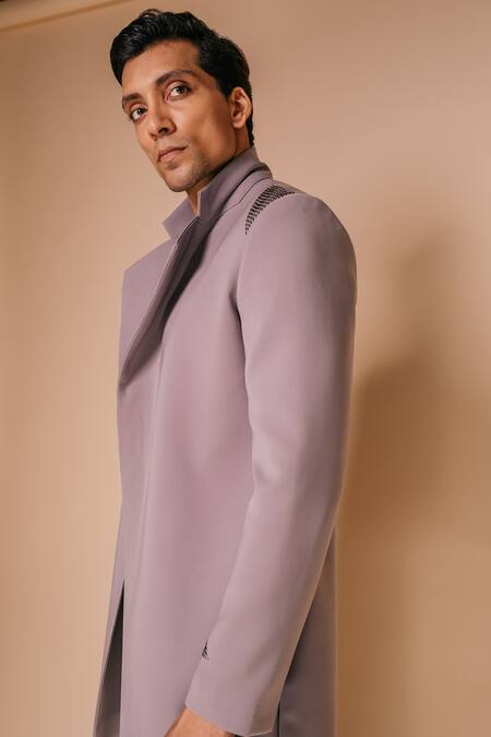 Shop_Tisa - Men_Grey Jacket Viscose Polyester Embroidered Cut Dana Work Kurta Set_Online_at_Aza_Fashions