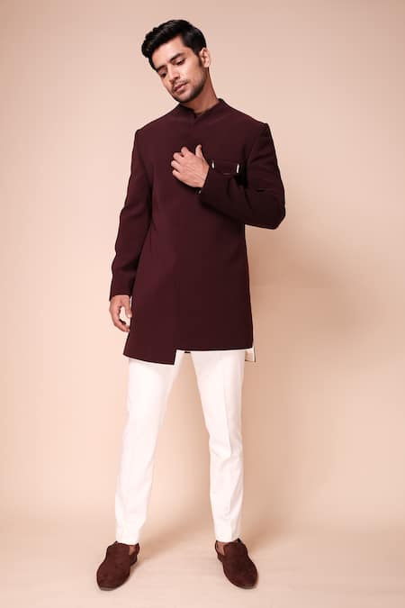 Tisa - Men_Wine Bandhgala Viscose Polyester, Pants Terry Rayon Cut Dana Asymmetric Set_Online_at_Aza_Fashions