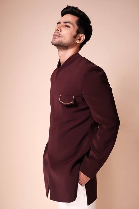 Buy_Tisa - Men_Wine Bandhgala Viscose Polyester, Pants Terry Rayon Cut Dana Asymmetric Set_Online_at_Aza_Fashions