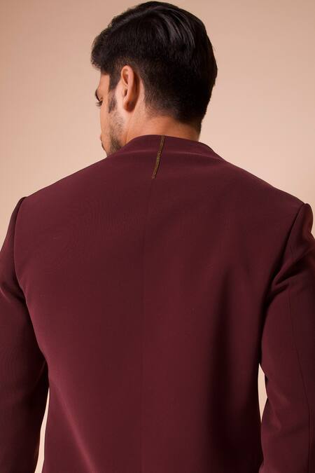 Tisa - Men_Wine Bandhgala Viscose Polyester, Pants Terry Rayon Cut Dana Asymmetric Set_at_Aza_Fashions