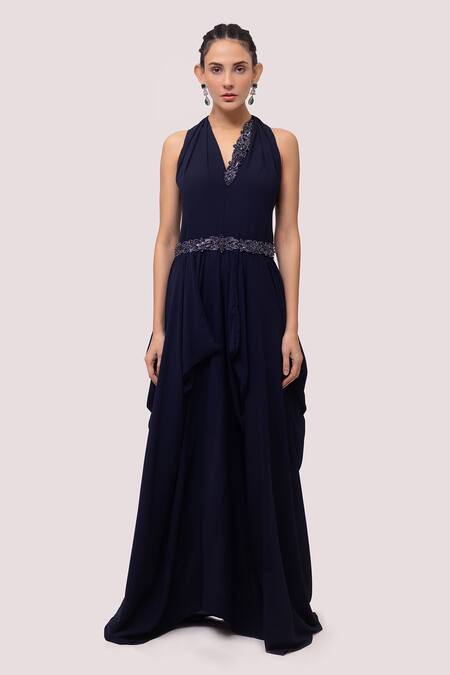 Shop_Onaya_Blue Georgette Sequins, Cut Work Halter Neck Monochromatic Drape Gown_Online_at_Aza_Fashions