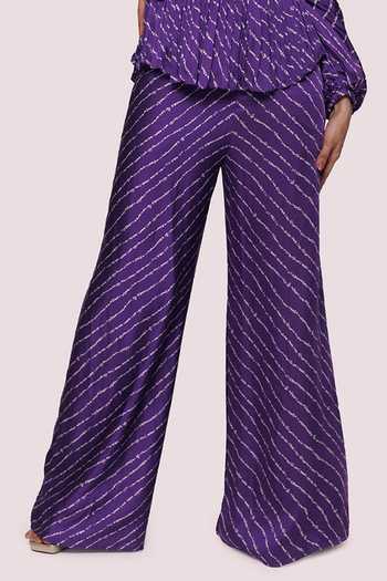Onaya_Purple Satin Pearls, Sequins V-neck Stripe Print Peplum Top And Pant Set_at_Aza_Fashions