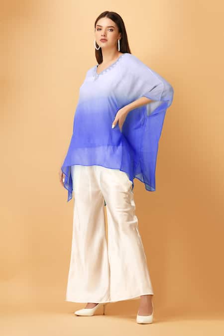 Label Ivish Blue V-neck Ombre Cutdana Embroidered Kaftan Set 