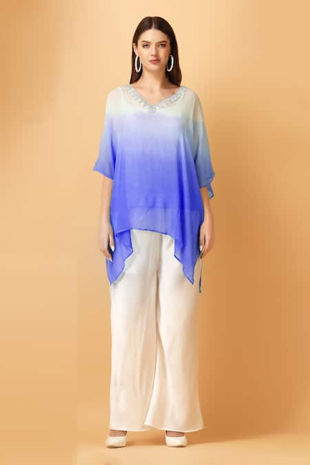 Label Ivish_Blue V-neck Ombre Cutdana Embroidered Kaftan Set _at_Aza_Fashions