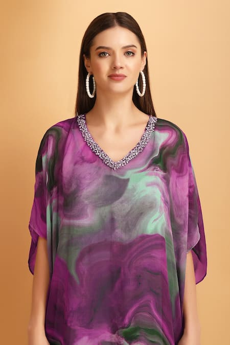 Label Ivish_Purple Viscose Embroidery V-neck Abstract Pattern Kaftan _at_Aza_Fashions