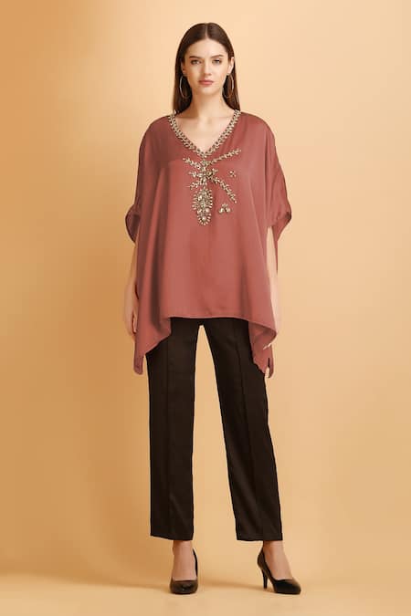 Label Ivish_Beige Modal, Satin Embroidery V-neck Jewel Embellished Kaftan Set _Online_at_Aza_Fashions