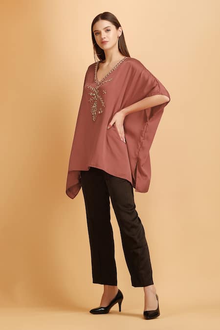 Buy_Label Ivish_Beige Modal, Satin Embroidery V-neck Jewel Embellished Kaftan Set _Online_at_Aza_Fashions