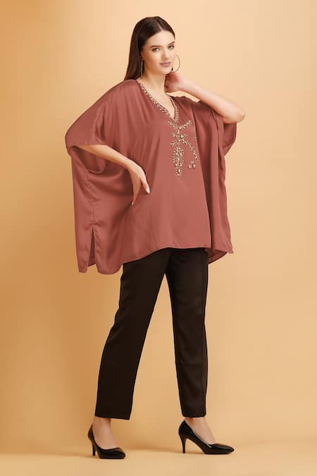Shop_Label Ivish_Beige Modal, Satin Embroidery V-neck Jewel Embellished Kaftan Set _Online_at_Aza_Fashions