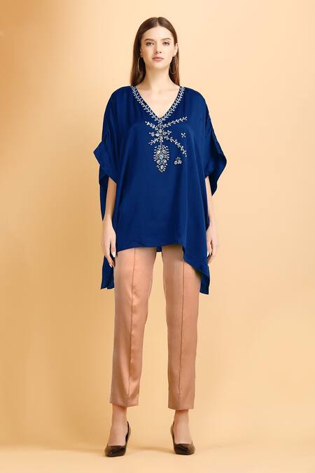 Label Ivish_Blue Modal, Satin Embroidery V-neck Jewel Pattern Kaftan With Pant _Online_at_Aza_Fashions