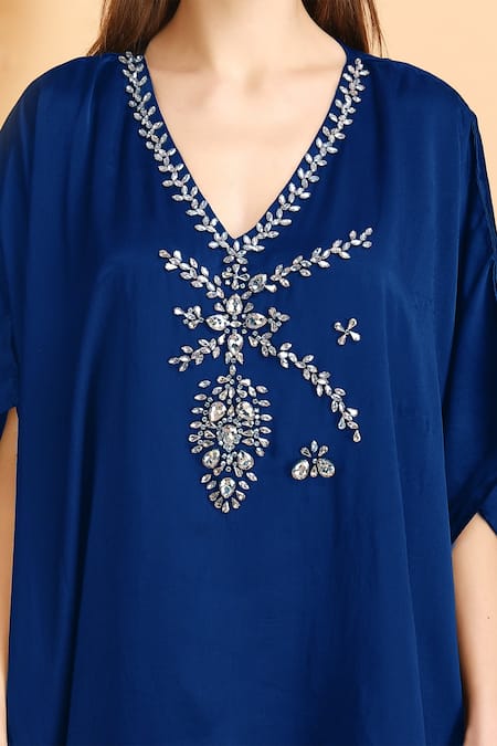 Shop_Label Ivish_Blue Modal, Satin Embroidery V-neck Jewel Pattern Kaftan With Pant _Online_at_Aza_Fashions