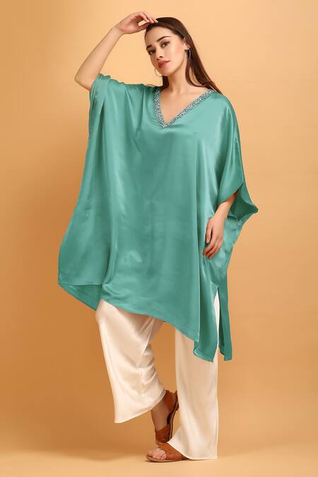 Shop_Label Ivish_Green Modal, Satin Embroidery V-neck Flared Kaftan With Contrasting Pant _Online_at_Aza_Fashions