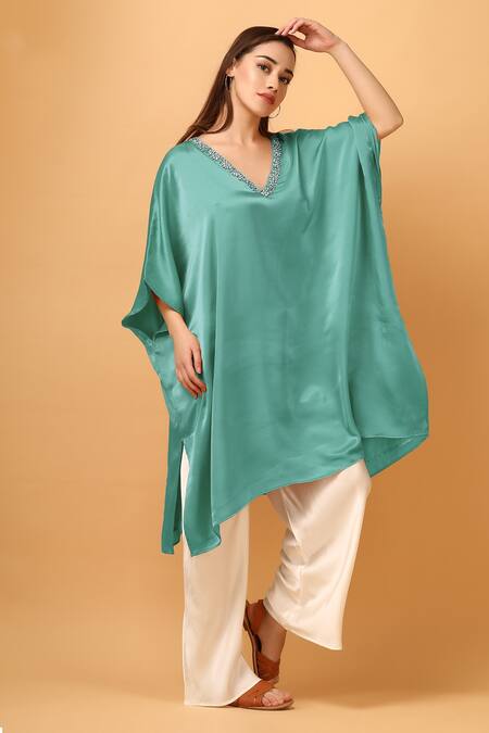 Label Ivish_Green Modal, Satin Embroidery V-neck Flared Kaftan With Contrasting Pant _at_Aza_Fashions