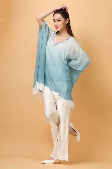 Label Ivish_Blue Viscose, Chiffon Crystals V-neck Embellished Neckline Kaftan With Pant _Online_at_Aza_Fashions