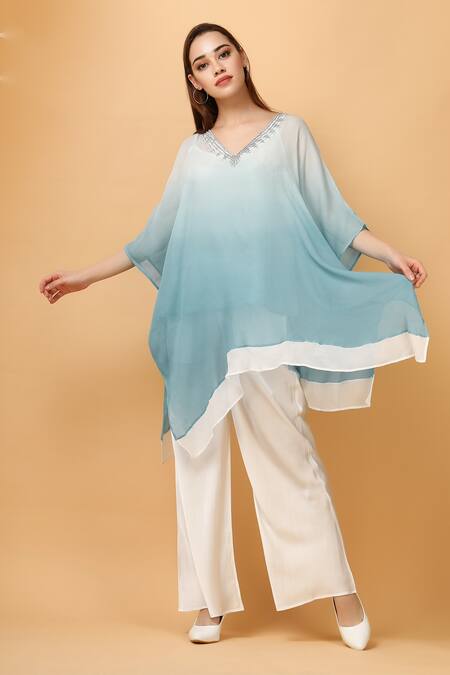 Buy_Label Ivish_Blue Viscose, Chiffon Crystals V-neck Embellished Neckline Kaftan With Pant _Online_at_Aza_Fashions