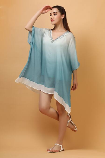 Buy_Label Ivish_Blue Viscose, Chiffon Crystals V-neck Embellished Neckline Kaftan With Pant 