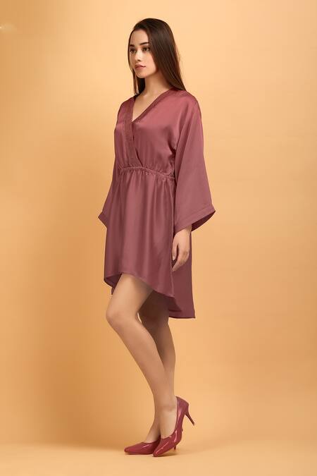 Label Ivish_Pink Modal, Satin Rhinestones V-neck Plain Wrap Asymmetric Dress _Online_at_Aza_Fashions