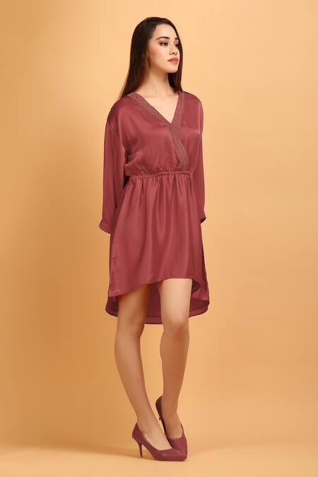 Buy_Label Ivish_Pink Modal, Satin Rhinestones V-neck Plain Wrap Asymmetric Dress _Online_at_Aza_Fashions