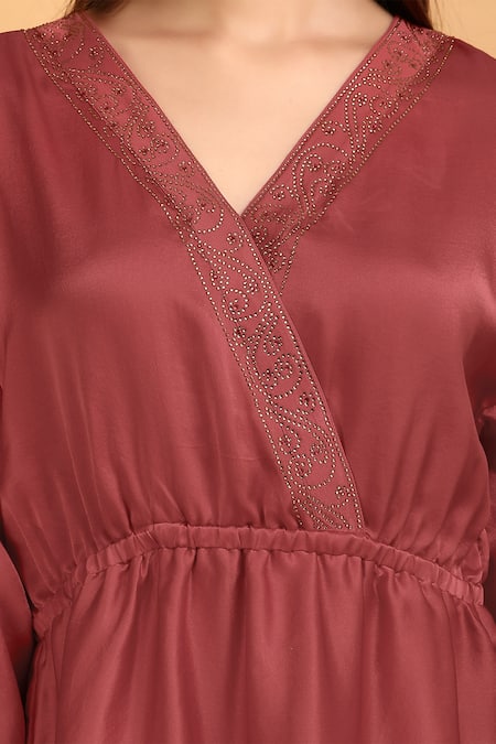 Shop_Label Ivish_Pink Modal, Satin Rhinestones V-neck Plain Wrap Asymmetric Dress _Online_at_Aza_Fashions