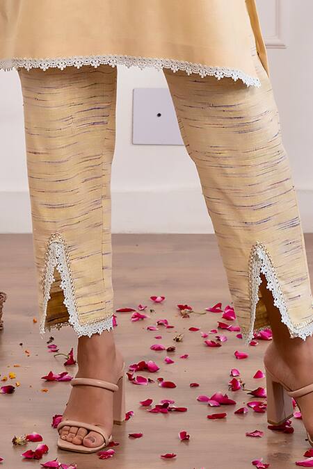 Shop_Pairaahan_Yellow Linen Embroidered Sequin Notched Tasselled Placket Kurta With Pant_Online_at_Aza_Fashions