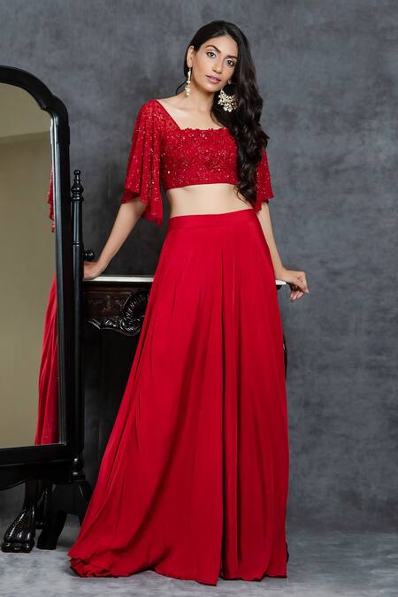 Sunita Bhandari_Red Viscose, Georgette Cut Work, Sequins Square Embroidered Blouse Sharara Set _at_Aza_Fashions