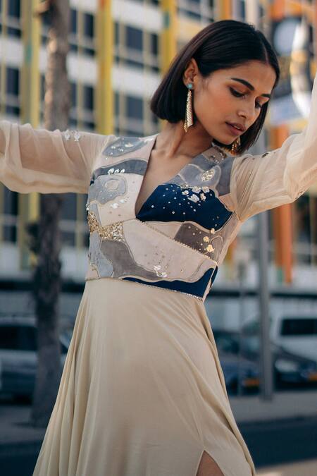 Sahil Kochhar_Beige Crepe And Chiffon Embroidered Ijaaz Applique High Slit Gown  _Online_at_Aza_Fashions