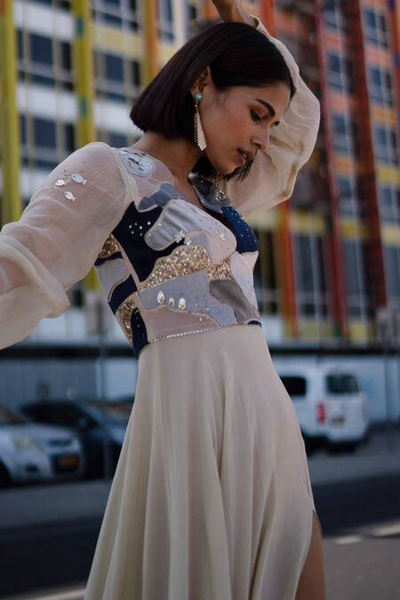 Shop_Sahil Kochhar_Beige Crepe And Chiffon Embroidered Ijaaz Applique High Slit Gown  _Online_at_Aza_Fashions