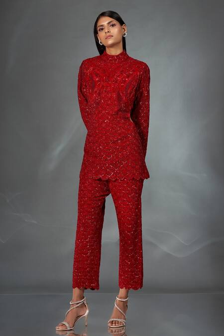 Buy_Stotram_Red Top- Net Embroidery Sequins High Neck Scallop And Pant Set_Online_at_Aza_Fashions