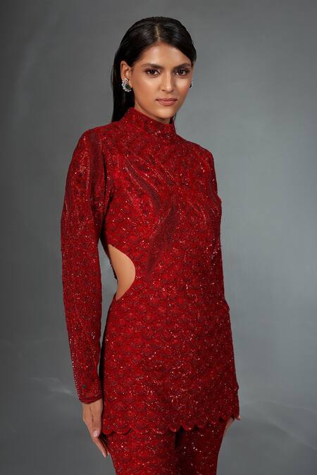Shop_Stotram_Red Top- Net Embroidery Sequins High Neck Scallop And Pant Set_Online_at_Aza_Fashions