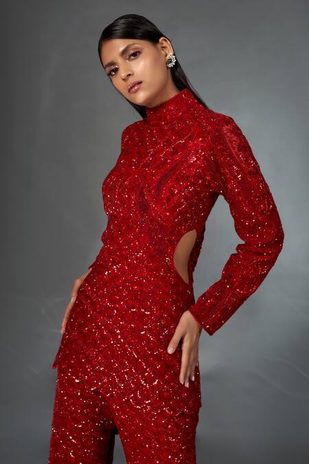 Stotram_Red Top- Net Embroidery Sequins High Neck Scallop And Pant Set_at_Aza_Fashions